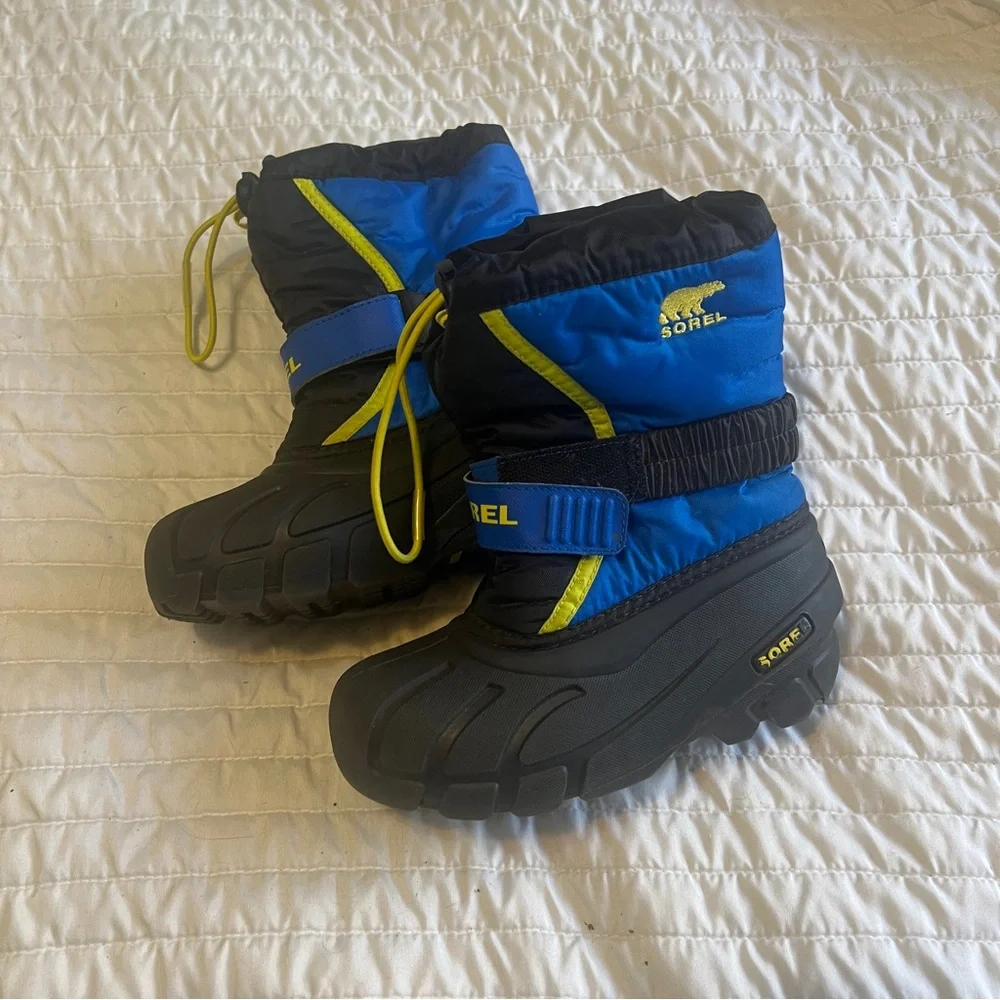 12 Toddler Sorel Kids Blue, Black and Yellow Insulated Snow Boots